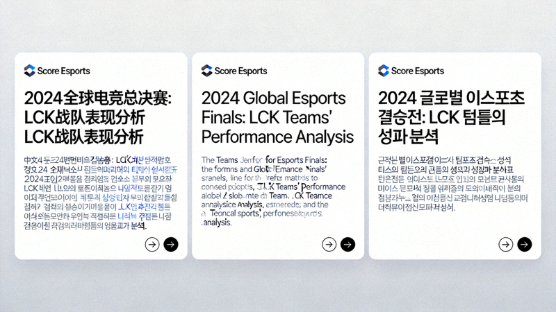 Score电竞多语言内容平台界面展示 - 同一篇文章以中文、英文、韩文三种语言版本并排显示，界面设计简洁现代