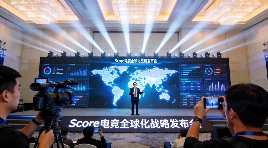 Score电竞全球化战略发布会现场照片 - 舞台上展示着世界地图与实时数据大屏，CEO正在向国际媒体介绍战略规划