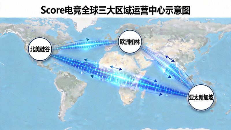 Score电竞全球三大区域运营中心示意图 - 地图上标注了北美硅谷、欧洲柏林和亚太新加坡的位置，通过数据流线条连接