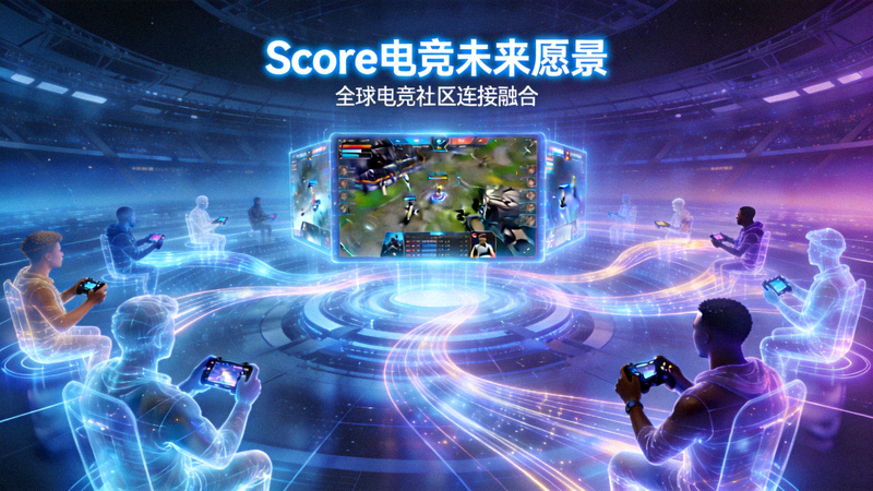 Score电竞未来愿景概念图 - 世界各地的玩家通过全息投影技术共同参与虚拟电竞赛事，象征全球电竞社区的连接与融合
